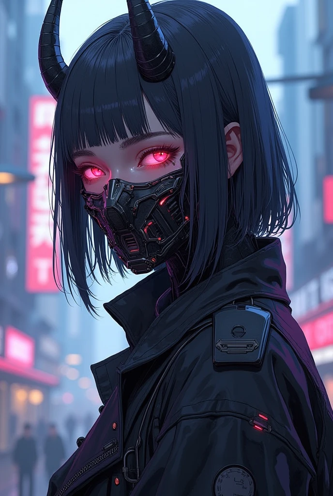 A digital illustration of a futuristic cyberpunk girl horned mask with glowing eyes and a harajuku fashion inspired tech jacket. S1n0z1ck style,neon light cyberpunk City background 