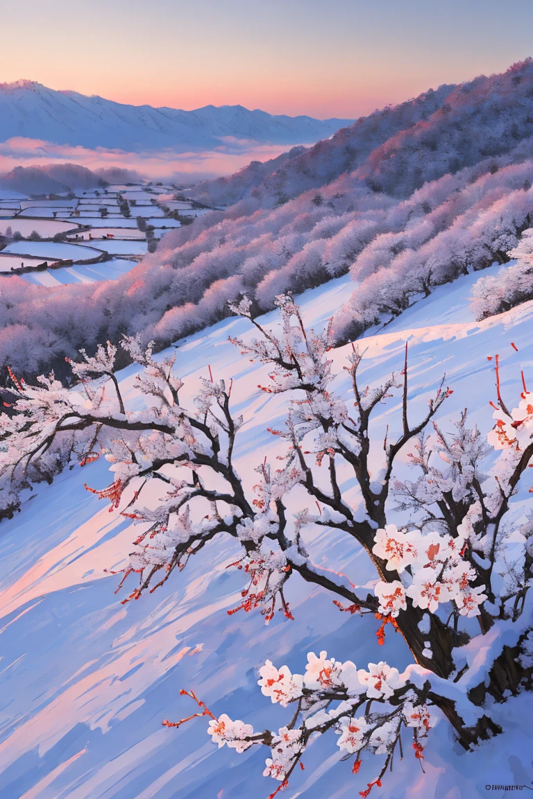 winter，dawn，snowy grassland，red plum blooms，remote small village