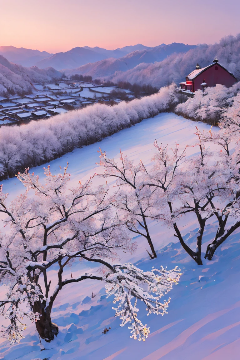 winter，dawn，snowy grassland，red plum blooms，remote small village