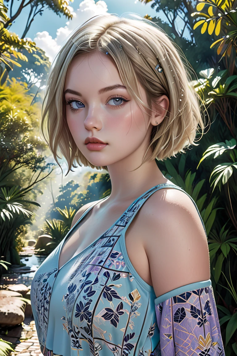 A young Caucasian plus-size model of rare beauty, with slightly tanned white skin, short blond hair in a bob cut, small, perky breasts, distracted blue eyes, and long, delicate hands. She is wearing a vanilla blue top with turquoise geometric patterns, violet leggings, and lilac hiking shoes. She is walking in a forest of tropical trees with a rustic stone floor. Damp, reflective floor, vanilla blue sky, backlit sun, cumulonimbus cloud. 
Color photograph (primary colors)Camera Canon EOS R6 Mark II, 55 mm, ISO 100,400, 4K. From below view, depth of field, backlightin 