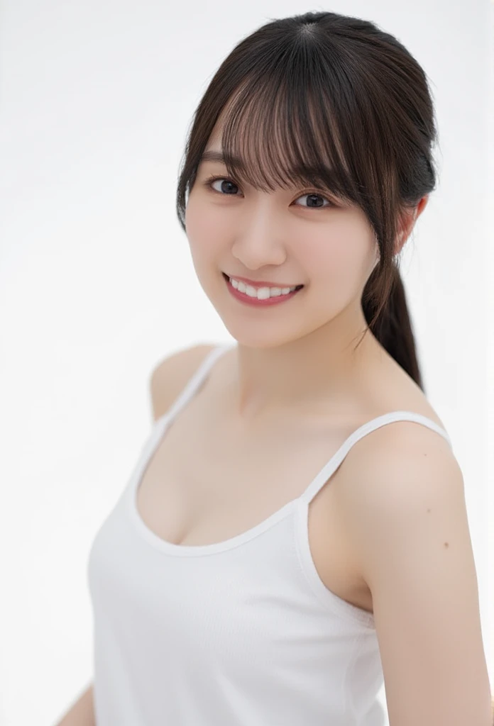   close-up portrait of a cute thing sitting young asian woman standing on a pure white background .   the woman has dark brown hair with bangs  ,   bright eyes and dark brown eyebrows  , and dark brown eyes.  She's Smiling ,   her lips are slightly slack  ,  and she has ringed  ,  pink cheeks.   the woman's hair is pulled back  ,   bangs pulled back from above 、It's flowing down her forehead .  She's posing for the camera  .   her right arm is facing the side of the frame  ,   x} and one ear on her left wrist are hidden below her waist while open  . 