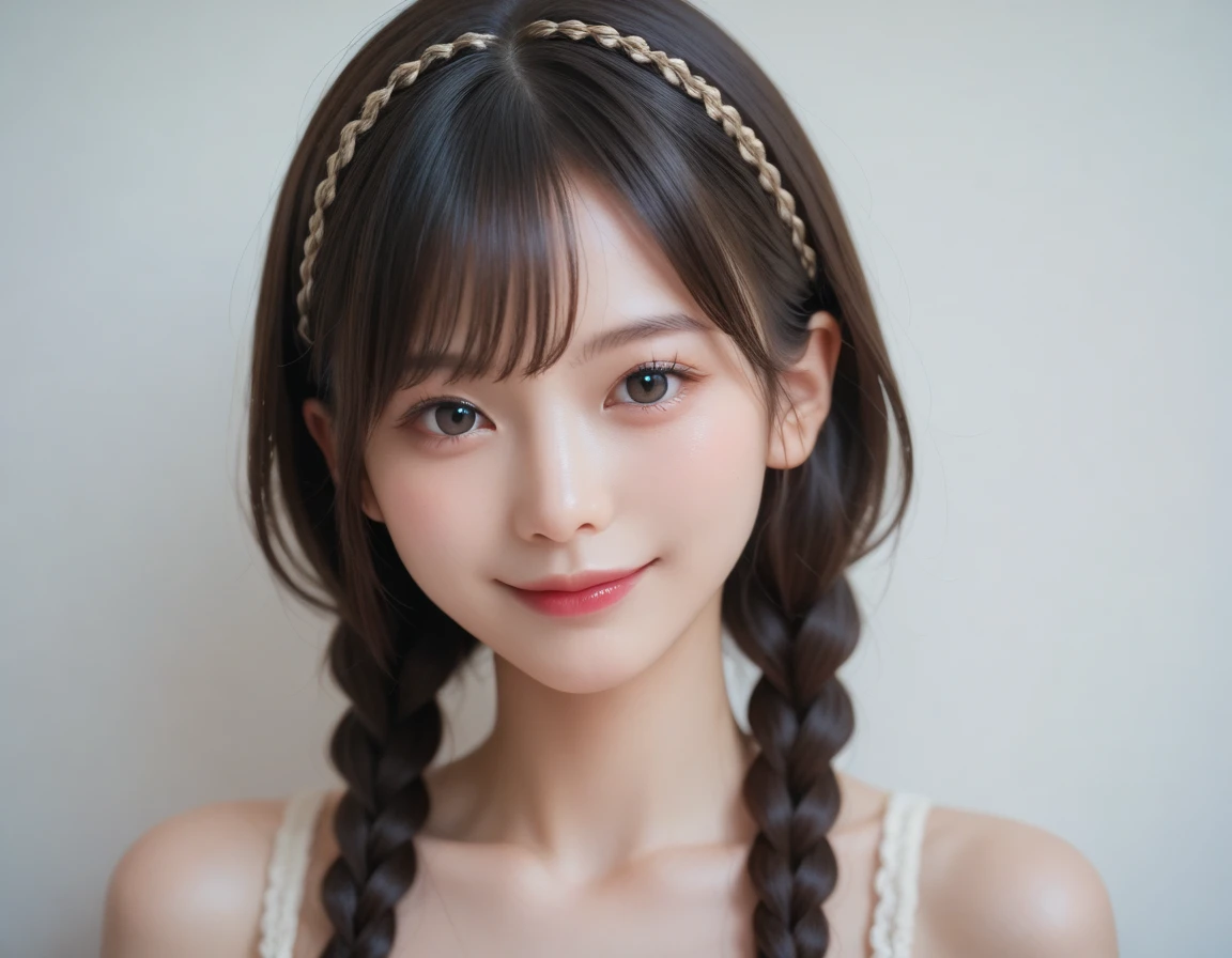 highest quality, realistic, 8K, High resolution, 1 girl, woman, (skin dents), (portrait:0.6), nice, ((white background, naked, small breasts:1.65)), (Brown hair in braids, parted bangs:1.4), looking at the viewer, (1 girl eyes looking at the viewer:1.6), realistic, (Bokeh), (closed mouth, smile:1.3), nice, Pueros face_V1:1,