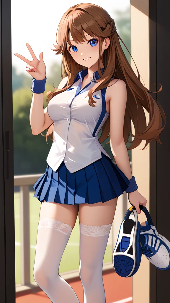 (( top quality)), ((masterpiece)), ( Details), 1girl,  sexy,  orange brown hair color,  long hair,  blue eyes,  tennis wear ,  white pleated mini skirt,  white knee-high stockings reflective on glass floors,  absolute domain, white lace up shoes ,  Tall,  ANIME COLORING BOOK,  viewers of the pin, 1 Female, Age 18,  standing with different breasts , Three idiot hairs ,  with bangs, whole body, Place one hand on hip,  slim figure,  sexy smile,  Seductive Smile, (\ Pokémon\),  score_9,  score_8_Excellent,  score_7_Excellent,  score_6_Excellent,  source_Anime,  cell shading ,  Flat Color , vector, Ample breasts, Two legs, two arms,