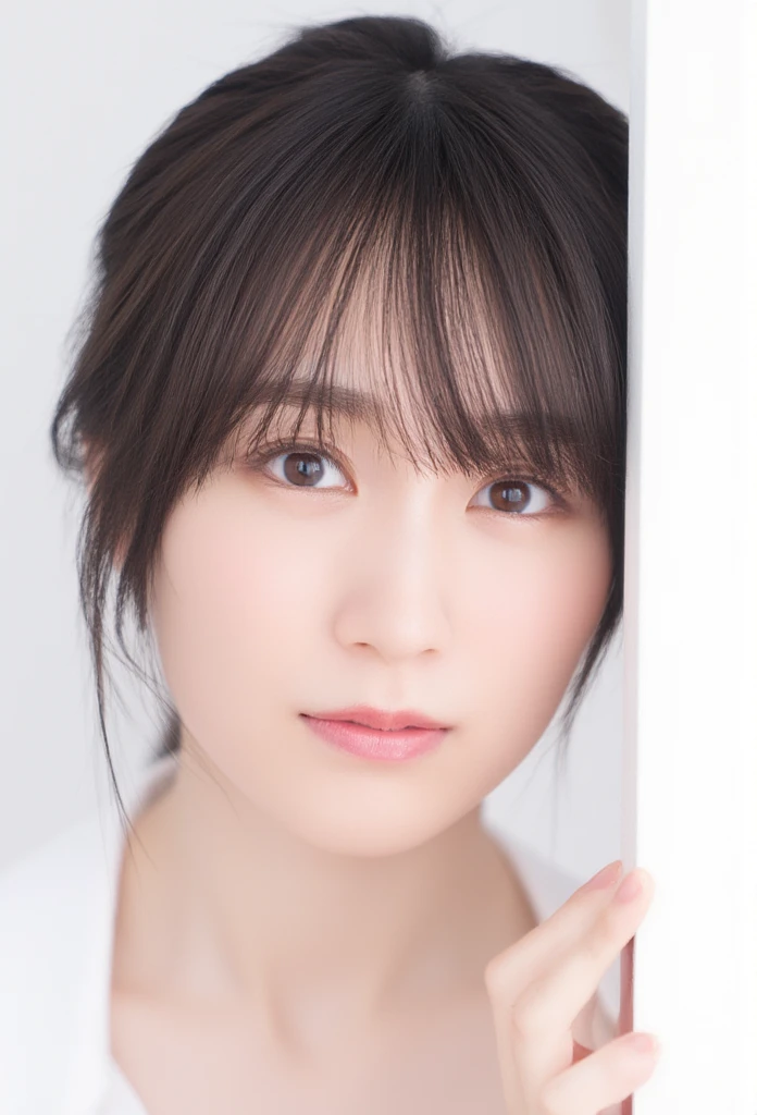   close-up portrait of a cute thing sitting young asian woman standing on a pure white background .   the woman has dark brown hair with bangs  ,   bright eyes and dark brown eyebrows  , and dark brown eyes.   her lips are slightly slack  ,  and she has ringed  ,  pink cheeks.   the woman's hair is pulled back  ,   bangs pulled back from above 、It's flowing down her forehead .  She's posing for the camera  .   her right arm is facing the side of the frame  ,   x} and one ear on her left wrist are hidden below her waist while open  .  office casual clothes. 