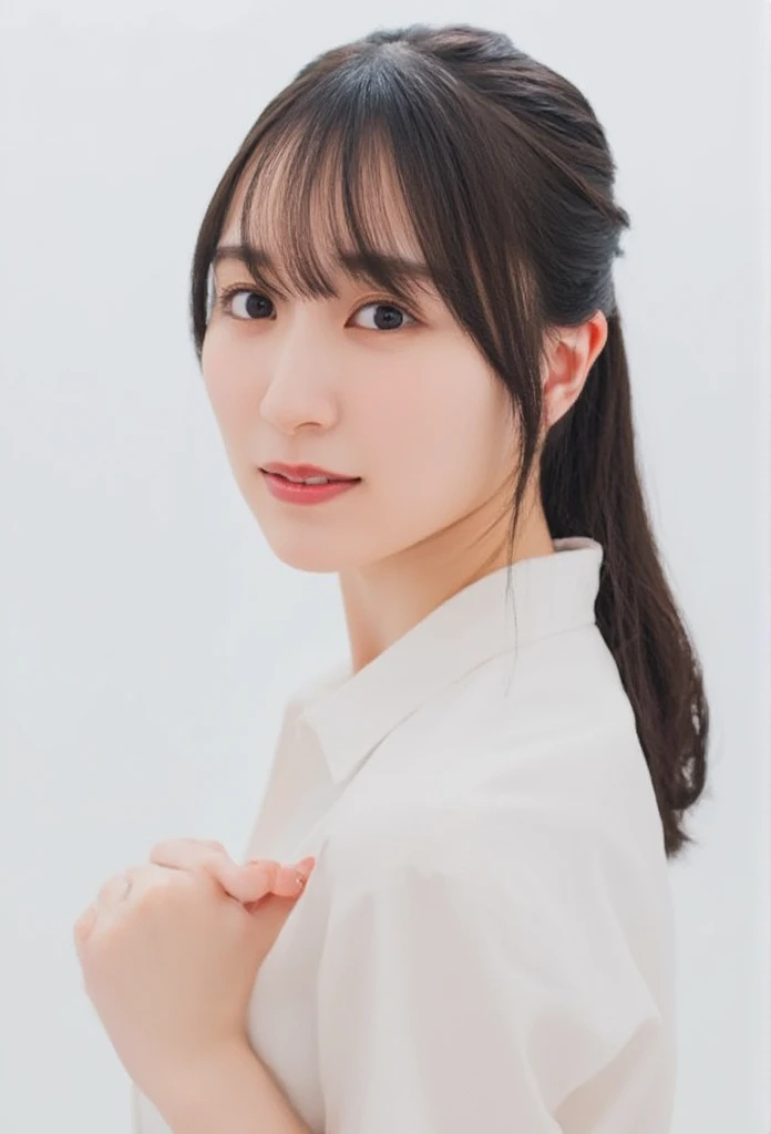   close-up portrait of a cute thing sitting young asian woman standing on a pure white background .   the woman has dark brown hair with bangs  ,   bright eyes and dark brown eyebrows  , and dark brown eyes.   her lips are slightly slack  ,  and she has ringed  ,  pink cheeks.   the woman's hair is pulled back  ,   bangs pulled back from above 、It's flowing down her forehead .  She's posing for the camera  .   her right arm is facing the side of the frame  ,   x} and one ear on her left wrist are hidden below her waist while open  .  office casual clothes. 