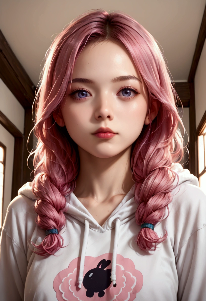 A young Asian woman, likely a teenager or young adult, is depicted in a seated pose.  She is wearing a light pinkish-rose hoodie with black drawstring accents.  Her skin is light-toned, and she has long, vibrant pink hair styled in a slightly wavy manner that falls around her shoulders.  Her eyes are a striking blue, and her expression is serene and somewhat thoughtful.  Her posture and presentation convey a relaxed but poised demeanor.  She is seated with her legs crossed slightly , and in a three-quarter view, facing towards the front-right of the image.  Light-gray/black thigh-high stockings are visible below the hoodie. The perspective is from a slightly elevated view, close up. The background is a plain, light gray/white, creating a simple contrast to the subject. The style is anime-esque, with smooth lines, realistic lighting and color tones, and detailed features.  The light source is positioned slightly from the upper left, creating subtle shading and highlights on the character's face and body. The overall atmosphere is soft, calm, and slightly suggestive of a relaxed, informal scene within a setting likely indoors.  The image exhibits a polished artistic aesthetic.