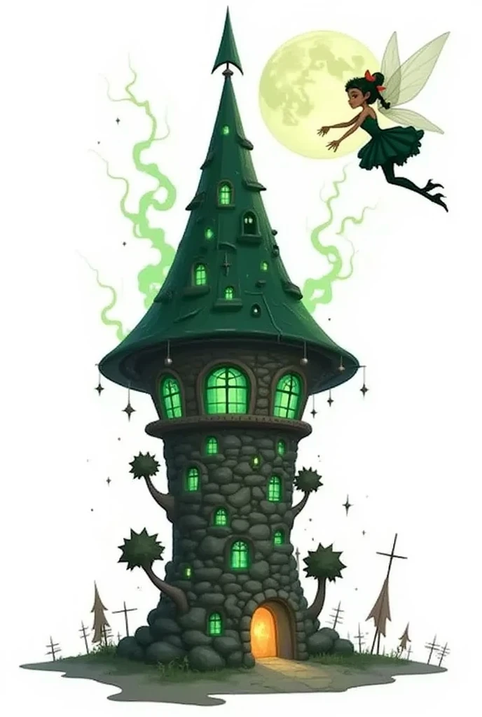 (RAW photo, real photo, high quality, masterpiece), ((evil tower in dark color), evil tower is in circles cone shape with many green light windows on the wall and tower with 4 legs stands support on ground, evil tower is as high as outer space, sliver metal evil at tower tip, night and moon and lightning ), 1 beautiful fairy fly near the tower, details face, dark dressing, dark leggings, slim cut 