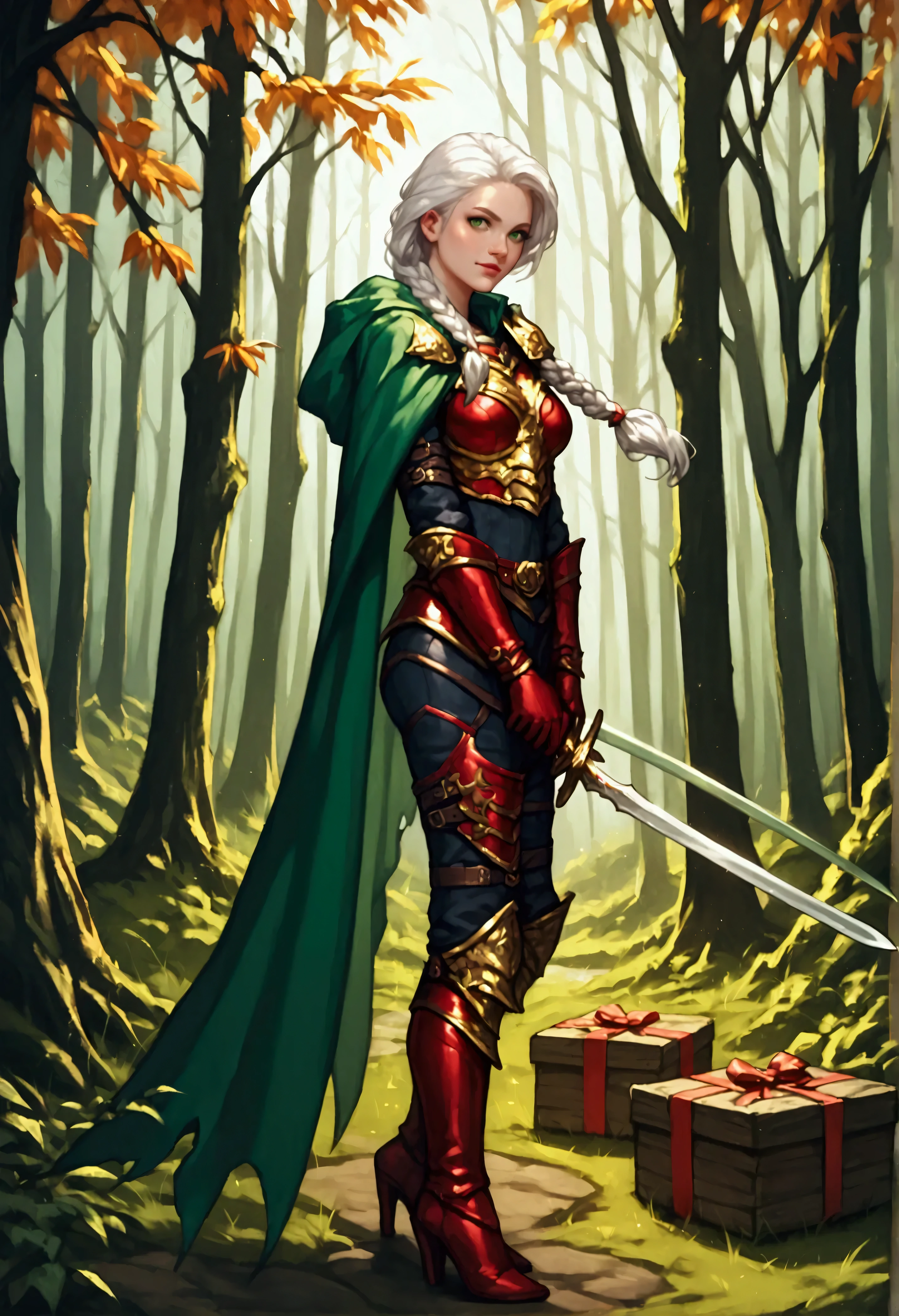 score_9, score_8_up, score_7_up, score_6_up, score_5_up, score_4_up, fantasy art, RPG art, Dark fantasy art, ultra wide shot, RAW, photorealistic, a portrait picture of female human ranger, the ranger, an exquisite beautiful human woman, long white hair, braided hair, green eyes, wearing (red leather armor: 1.2), wearing (green cloak: 1.1), armed with a (sword: 1.3), wearing high heels boots, standing in a dark forest at night, (wrapped presents on the ground: 1.3), a sense of joy, yet she stands defiant and fearless, dark fantasy forest in the snow background, best quality, 16k, [ultra detailed], masterpiece, best quality, (ultra detailed), full body, ultra wide shot, Cinematic Shot