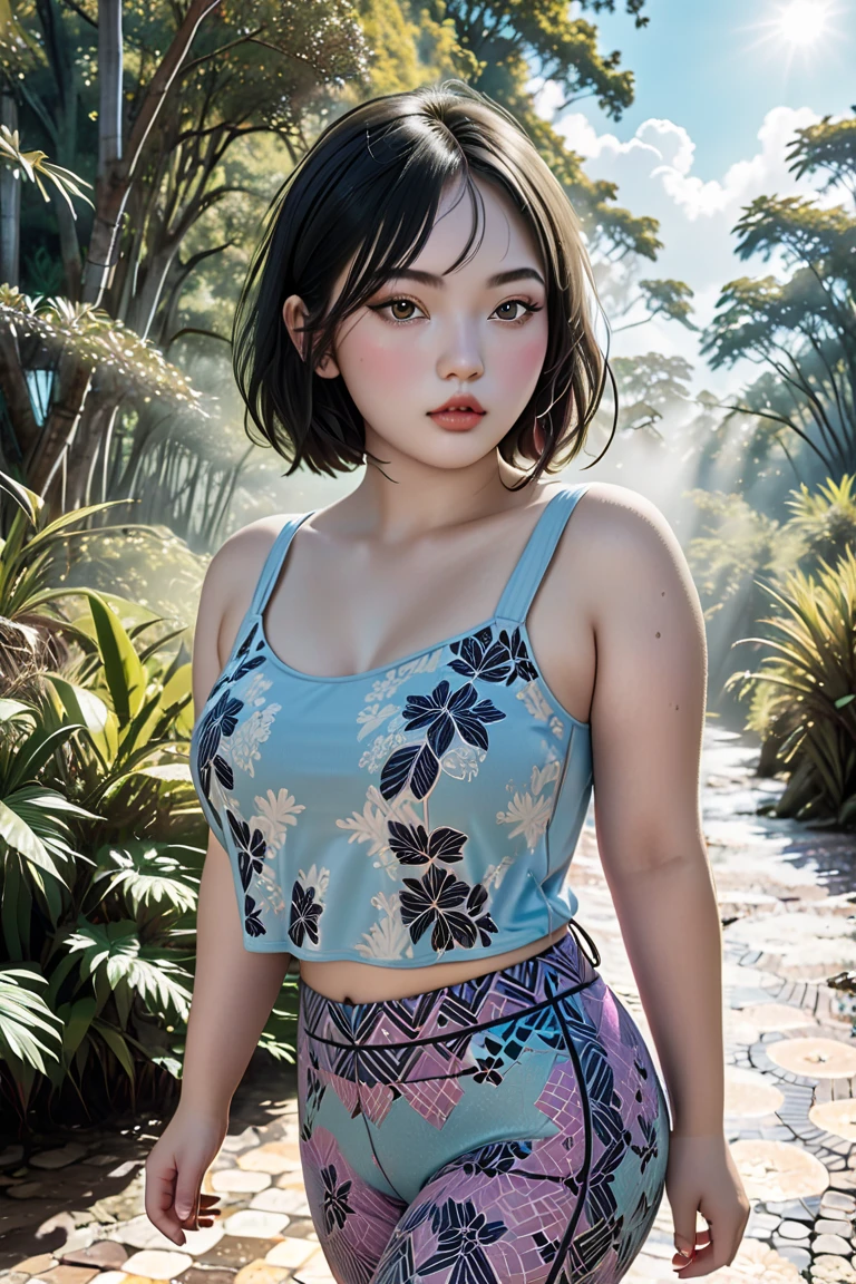 A young plus size Asian  model of rare beauty, with extremely pinkish white milky skin, short blackest hair in a bob cut, small, perky breasts, distracted brown eyes, and long, delicate hands. She is wearing a vanilla blue top with turquoise geometric patterns, violet leggings, and lilac hiking shoes. She is walking in a forest of tropical trees with a rustic stone floor. Damp, reflective floor, vanilla blue sky, backlit sun, cumulonimbus cloud. 
Color photograph (primary colors)Camera Canon EOS R6 Mark II, 55 mm, ISO 100,400, 4K