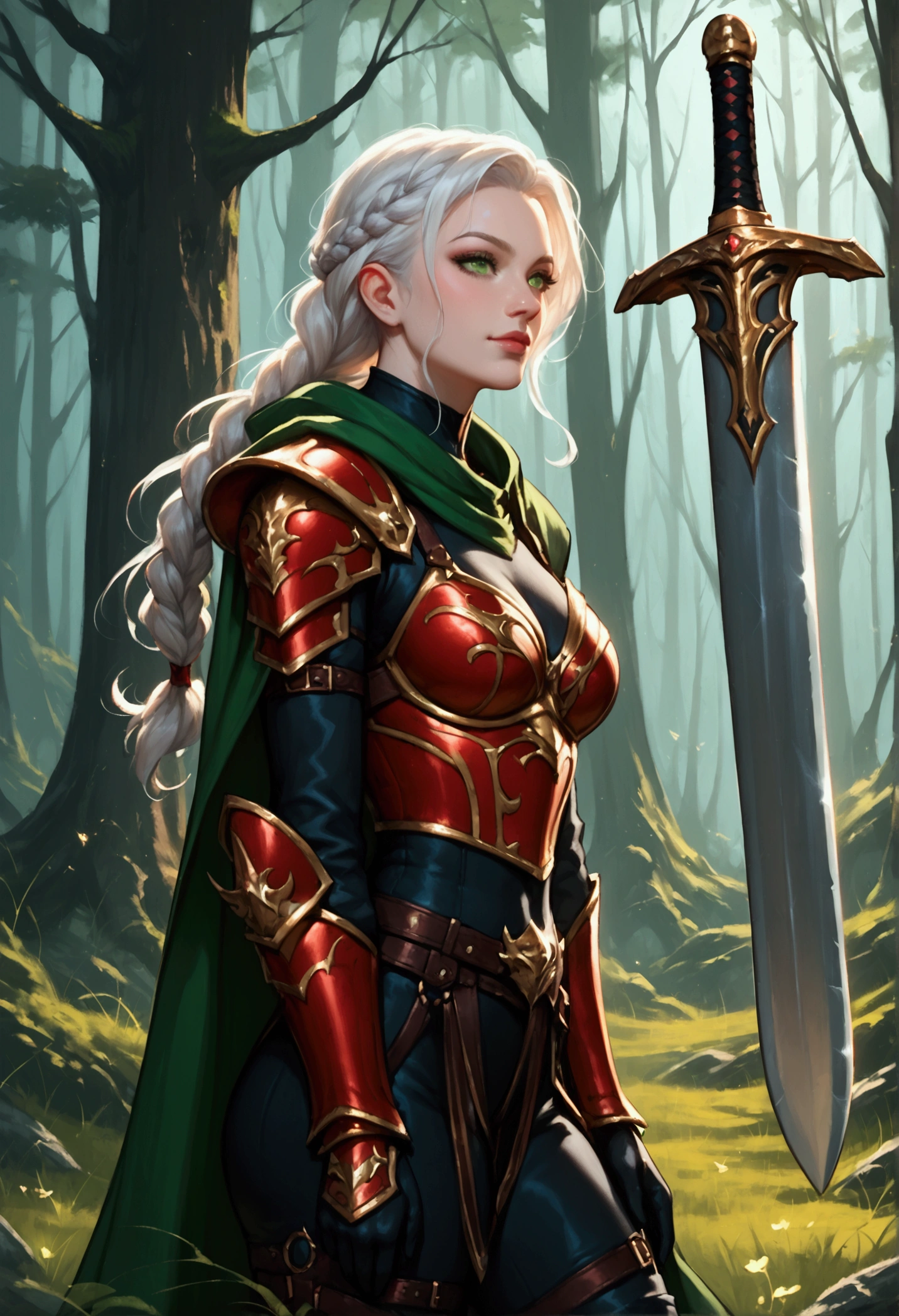 score_9, score_8_up, score_7_up, score_6_up, score_5_up, score_4_up, fantasy art, RPG art, Dark fantasy art, ultra wide shot, RAW, photorealistic, a portrait picture of female human ranger, the ranger, an exquisite beautiful human woman, long white hair, braided hair, green eyes, wearing (red leather armor: 1.2), wearing (green cloak: 1.1), armed with a (sword: 1.3), wearing high heels boots, standing in a dark forest at night, (wrapped presents on the ground: 1.3), a sense of joy, yet she stands defiant and fearless, dark fantasy forest background, best quality, 16k, [ultra detailed], masterpiece, best quality, (ultra detailed), full body, ultra wide shot, Cinematic Shot