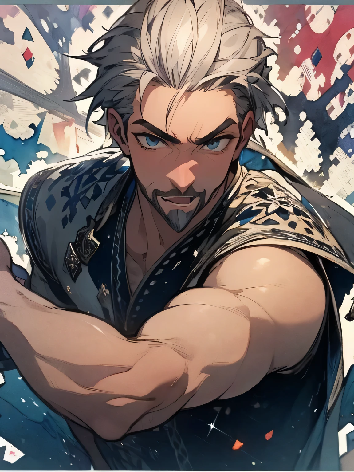 score_9, score_8_up, score_7_up, source_anime, source_explicit
kingmagnifico, 1boy, solo, gray hair, facial hair, male focus,male's eyes,male's nose,male's mouth, beard, full body, muscular, upper body, shirtless, muscular, smile ,like a painting, watercolor painting style, The Art of Mathematics, Official Art, Masterpiece, beautiful, ((watercolor)), paint splashes , complex details. very detailed, [Drooping:0.7],