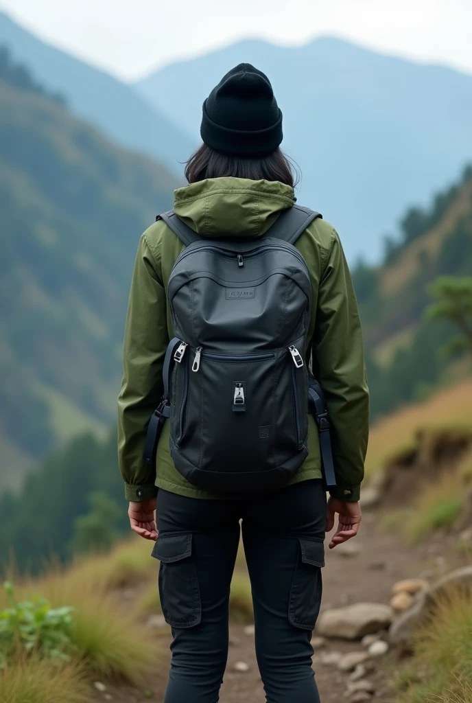A beautiful young adventurer style sleeve of boots style trail with a backpack on her back looking at a beautiful landscape with a camera in hand taking theme photos in ultra realistic red color 8k