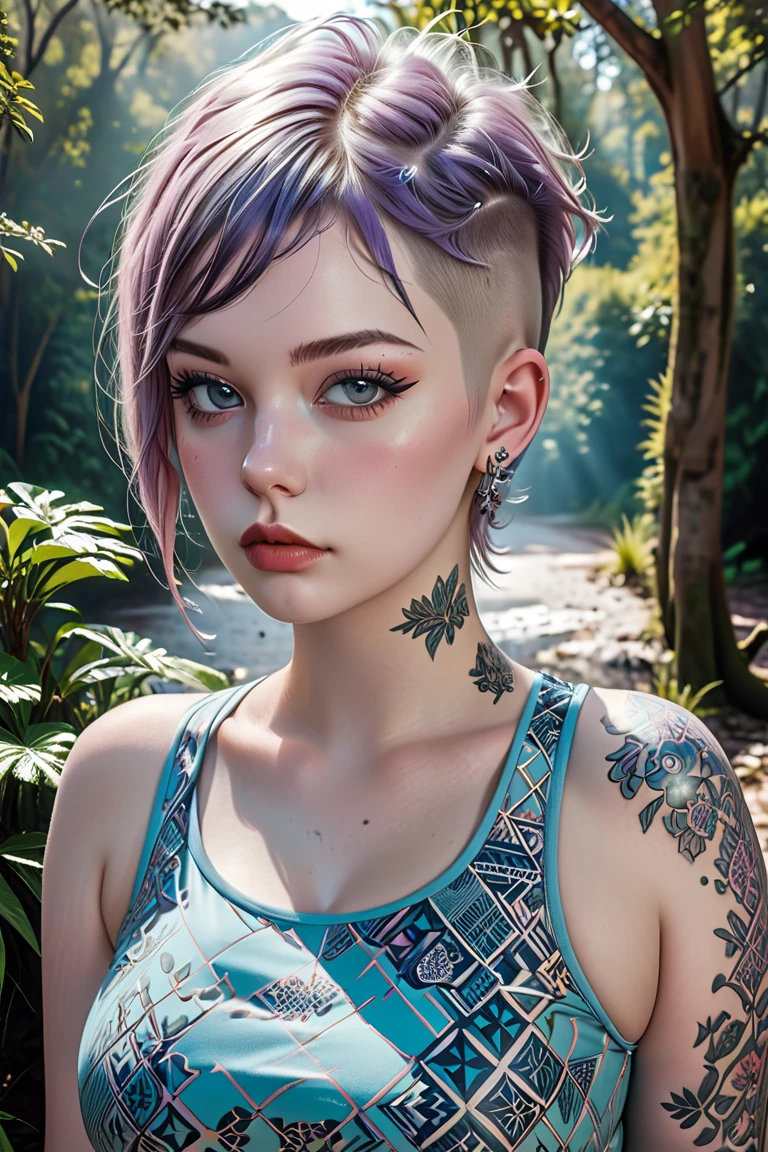 A young plus-size English Punk Tattooed  model of rare beauty, with Tattooed extremely pinkish-white milky skin, short Mohawk cut hair, small, perky breasts, distracted açaí blue eyes, and long, delicate hands. She is wearing a vanilla blue top with turquoise geometric patterns, violet leggings, and lilac hiking shoes. She is walking in a forest of tropical trees with a rustic stone floor. Damp, reflective floor, vanilla blue sky, backlit sun, cumulonimbus cloud. 
Color photograph (primary colors)Camera Canon EOS R6 Mark II, 55 mm, ISO 100,400, 4K