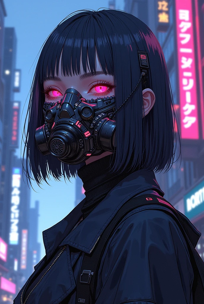 A digital illustration of a futuristic cyberpunk girl horned gas mask with glowing eyes and a harajuku fashion inspired tech jacket. S1n0z1ck style,neon light cyberpunk City background 