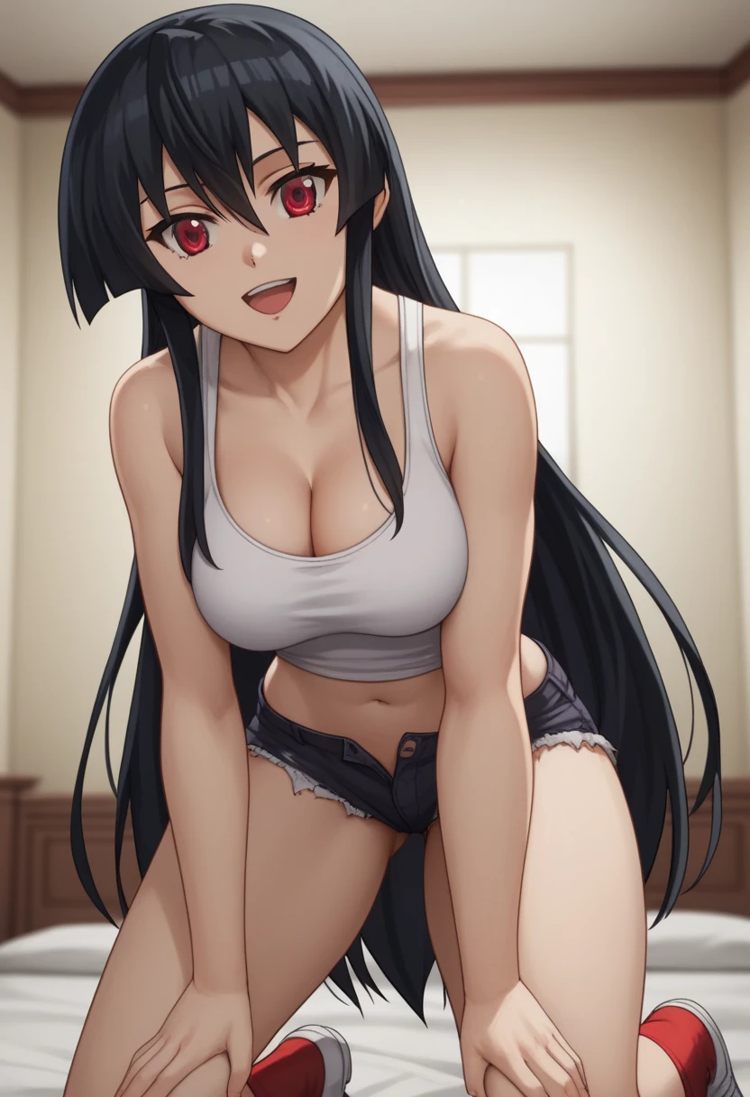 1girl, solo,akame, long hair, black hair, red eyes, hair between eyes,medium breasts, Thick thighs, Large buttocks, cleavage, White tank top, bare navel, short blue-purple leather shorts, short hem, torn hem, Red socks with short hems, short socks, white shoes,s1z3d1ff_t4lk, standing, legs straight, bent forwards, arched back, hands on knees, cleavage, breasts squished between arms, [[from below]:0.5], pov, eye contact, in a bedroom, detailed background, refreshing smile, open eyes, open mouth