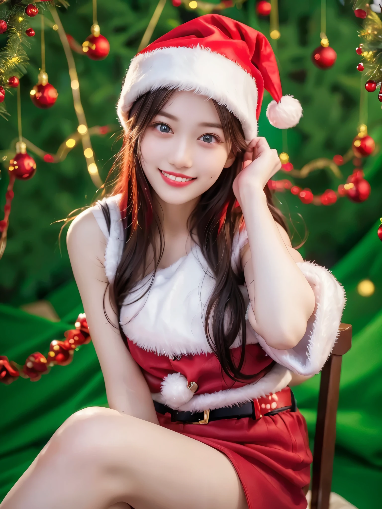 top quality、 super high resolution 、(Photographically: 1.4)、 beautiful eyes、 very beautiful in a chair 、 shiny hair 、Thin hair、 Merry Christmas 、 Christmas tree、smile、(( red Santa Claus costume 、Santa hat、Forehead))