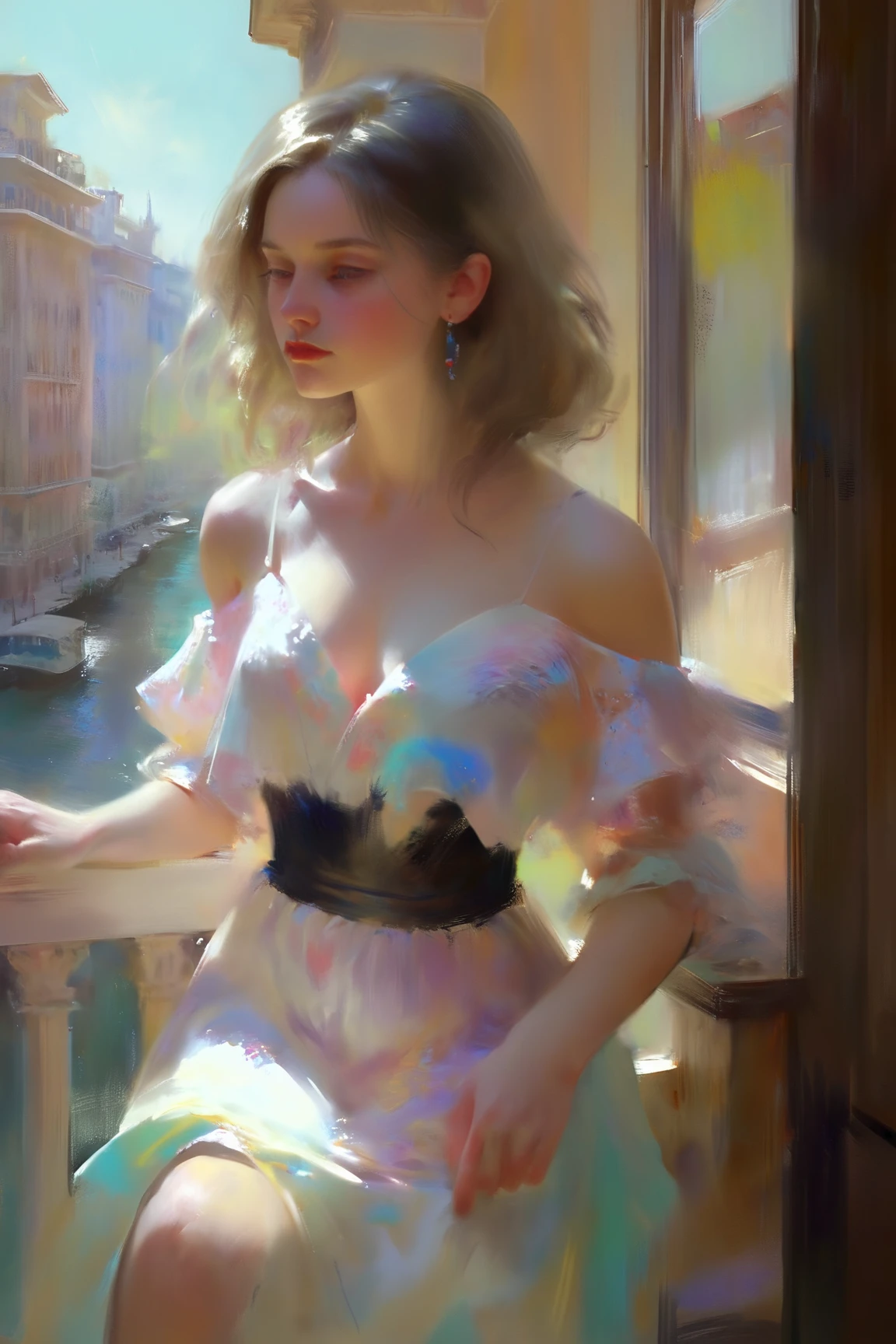 pastel portrait, shoulder lose dress,Позитив Клип L 8k, отмеченный наградами, proФessional close up, style oФ Casey Baugh, style oФ Pino Daeni, beautiful woman reading book on a balcony by the sea