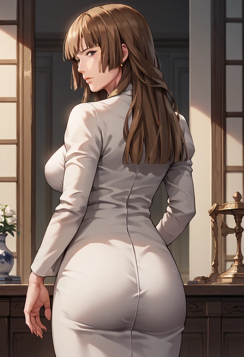  top quality,  Masterpiece , mature woman,RosaUmineko, long hair, brown hair, brown eyes,  standing with different breasts ,hip,from behind 