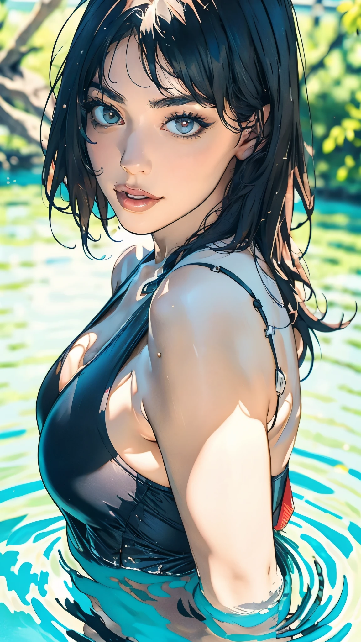 (masterpiece:1.2, best quality:1.2, extremely delicate:1.2), a beautiful woman with long shiny black hair, choppy bangs, delicate face, passionate gaze, perfect smille, blush, seductive expression, tall and fit figure, perfect body, perfect skin, seductive pose, sexy swimsuit, exposes her waist, the color scheme is primarily Black with Blue accents, (soaked, lying in the water), this character embodies a finely crafted sexy beauty, exquisite and mature art style, goddess, feminine, exquisite photography, depth of field, bokeh, photorealistic, even and soft lighting on face, dramatic, high definition, highres, ultra detailed, professional photo, perfect body proportions, anatomically correct, symmetrical face, extremely detailed eyes and face, perfect eyes, high quality eyes, creativity, RAW photo, UHD, 32k, portrait lighting, Natural light, cinematic lighting, (masterpiece-anatomy-perfect:1.2)