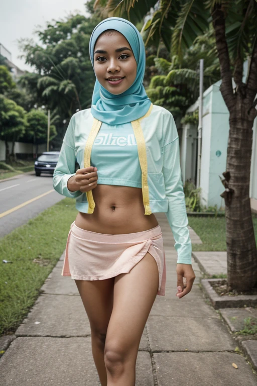 best quality, high resolution, beautiful Malay woman in hijab, soft smile, beautiful women wear white hijab, bright sunshine, using Indonesian Senior High School uniform shirt, using laced white panties, using light blue transparent mini skirt, photorealistic, realistic, sweat skin, small breast, walking on foot on the side of the road in tropical country