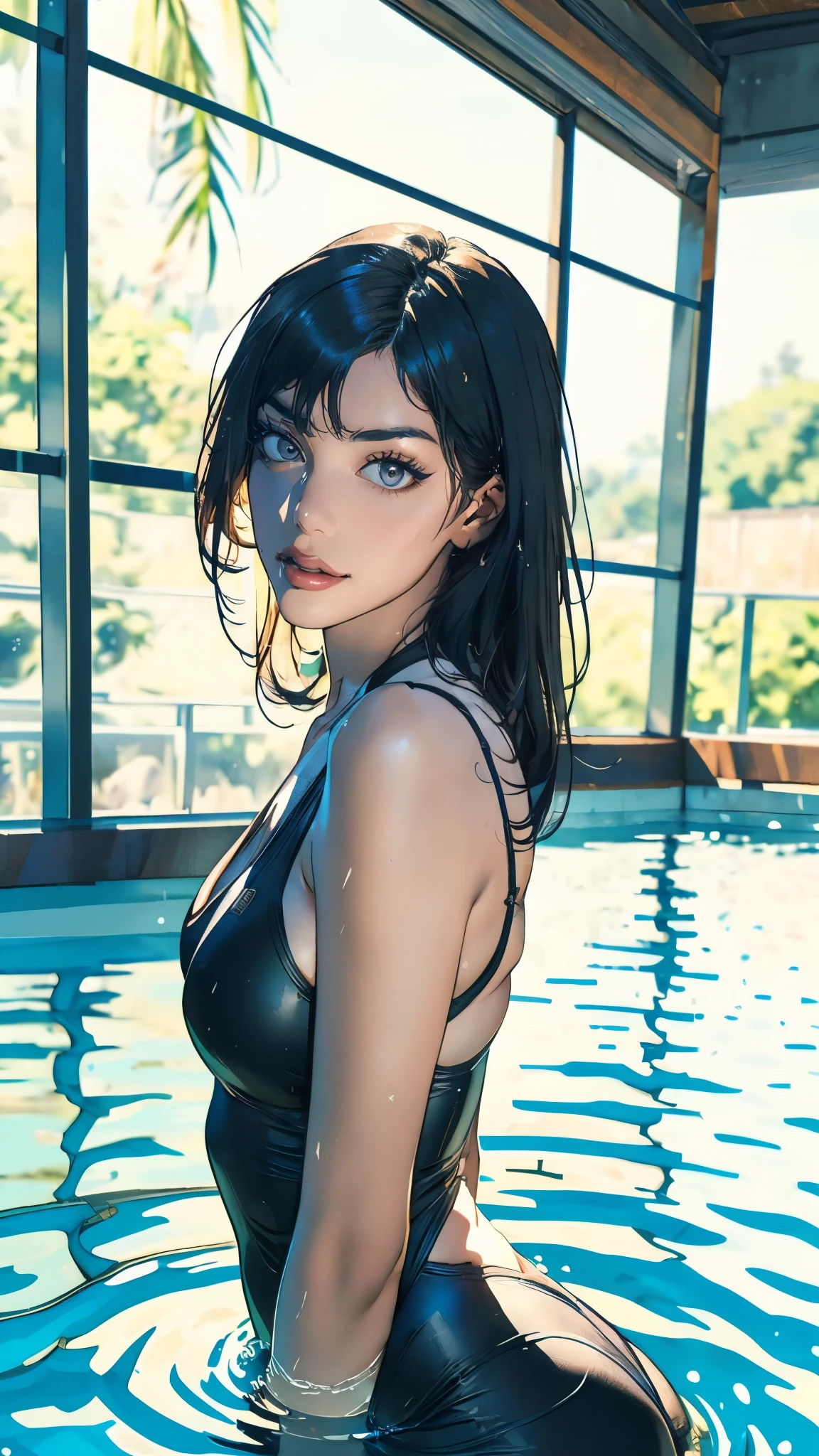 (masterpiece:1.2, best quality:1.2, extremely delicate:1.2), a beautiful woman with long shiny black hair, choppy bangs, delicate face, passionate gaze, perfect smille, blush, seductive expression, tall and fit figure, perfect body, perfect skin, seductive pose, sexy swimsuit, exposes her waist, the color scheme is primarily Black with Blue accents, (soaked, lying in the water), this character embodies a finely crafted sexy beauty, exquisite and mature art style, goddess, feminine, exquisite photography, depth of field, bokeh, photorealistic, even and soft lighting on face, dramatic, high definition, highres, ultra detailed, professional photo, perfect body proportions, anatomically correct, symmetrical face, extremely detailed eyes and face, perfect eyes, high quality eyes, creativity, RAW photo, UHD, 32k, portrait lighting, Natural light, cinematic lighting, (masterpiece-anatomy-perfect:1.2)