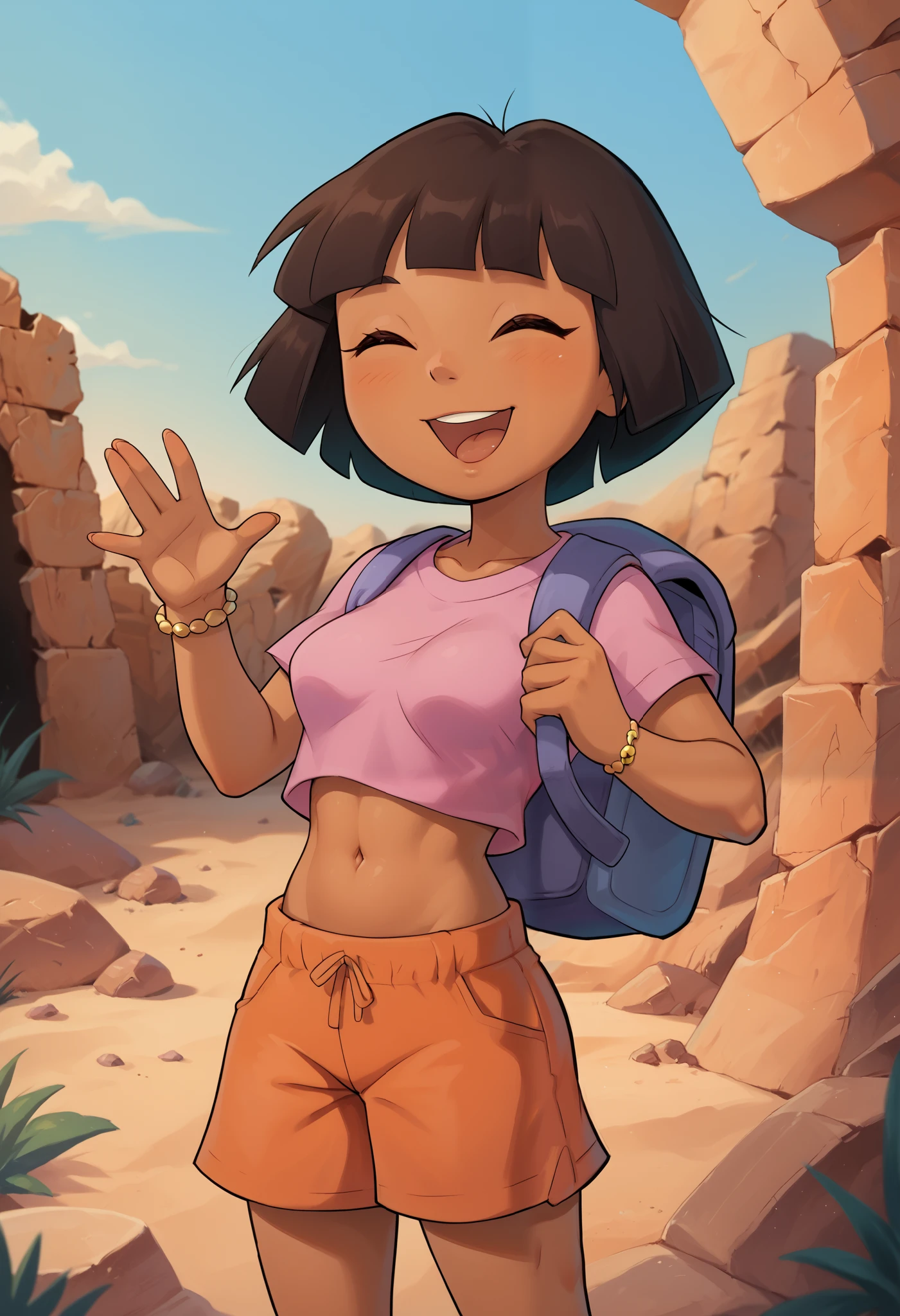 solo, From the front, symmetrical composition, cute, (closed eyes), dismissive, open hand, open mouth smile, medium breasts, Dora, brown eyes, desert ruins, dark-skinned female, bob cut, (pink shirt), crop top, bare midriff, loose shirt, (orange shorts), bracelet, backpack, (slender athletic body),