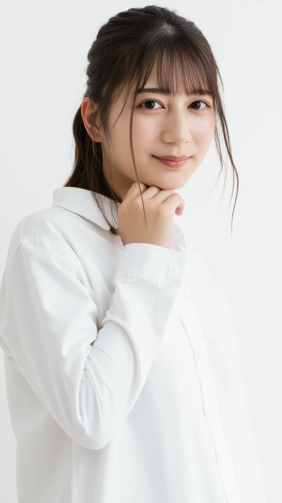   close-up portrait of a cute thing sitting young asian woman standing on a pure white background .   the woman has dark brown hair with bangs  ,   bright eyes and dark brown eyebrows  , and dark brown eyes.  She's Smiling ,   her lips are slightly slack  ,  and she has ringed  ,  pink cheeks.   the woman's hair is pulled back  ,   bangs pulled back from above 、It's flowing down her forehead  .   she's buttoned on her collar 、 wearing a long sleeve white shirt buttoned on her chest .  She's posing for the camera  .   her right arm is facing the side of the frame  ,   x} and one ear on her left wrist are hidden below her waist while open  .  