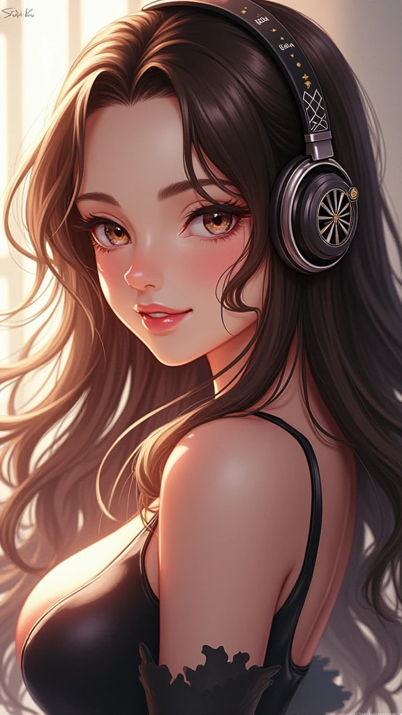 masterpiece, best quality, 1girl, melancholy lighting, quiet, calm, brightness, (illustration:1.05), (beautiful:1.05), (beautiful detailed eyes:1.05), (cinematic light:1.1), ((wearing headphones around neck)), ultra-detailed eyelashes, Ultra-detailed lips, beautiful shiny lips, ((glossy lips:1.3)), asymmetrical hair, ginger hair, dark-skinned female, dark skin, eyeshadow, jewelry, lips, long hair, looking at viewer, makeup, mole, mole under eye, nose, piercing, realistic, solo, stud earrings, pink eyes, clouds, anime, seductive, adult