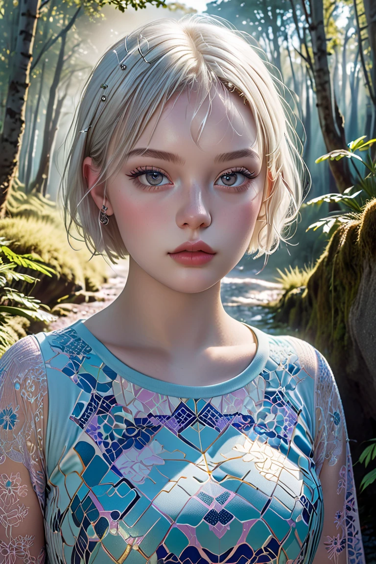 A Norwegian young plus-size model of rare beauty, with extremely pinkish-white milky skin, short white hair in a bob cut, small, perky breasts, distracted açaí blue light eyes, and long, delicate hands. She is wearing a vanilla blue top with turquoise geometric patterns, violet leggings, and lilac hiking shoes. She is walking in a forest of tropical trees with a rustic stone floor. Damp, reflective floor, vanilla blue sky, backlit sun, cumulonimbus cloud. 
Color photograph (primary colors)Camera Canon EOS R6 Mark II, 55 mm, ISO 100,400, 4K