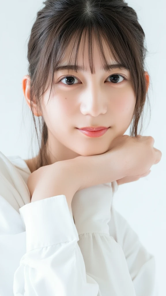   close-up portrait of a cute thing sitting young asian woman standing on a pure white background .   the woman has dark brown hair with bangs  ,   bright eyes and dark brown eyebrows  , and dark brown eyes.  She's Smiling ,   her lips are slightly slack  ,  and she has ringed  ,  pink cheeks.   the woman's hair is pulled back  ,   bangs pulled back from above 、It's flowing down her forehead  .   she's buttoned on her collar 、 wearing a long sleeve white shirt buttoned on her chest .  She's posing for the camera  .   her right arm is facing the side of the frame  ,   x} and one ear on her left wrist are hidden below her waist while open  .  