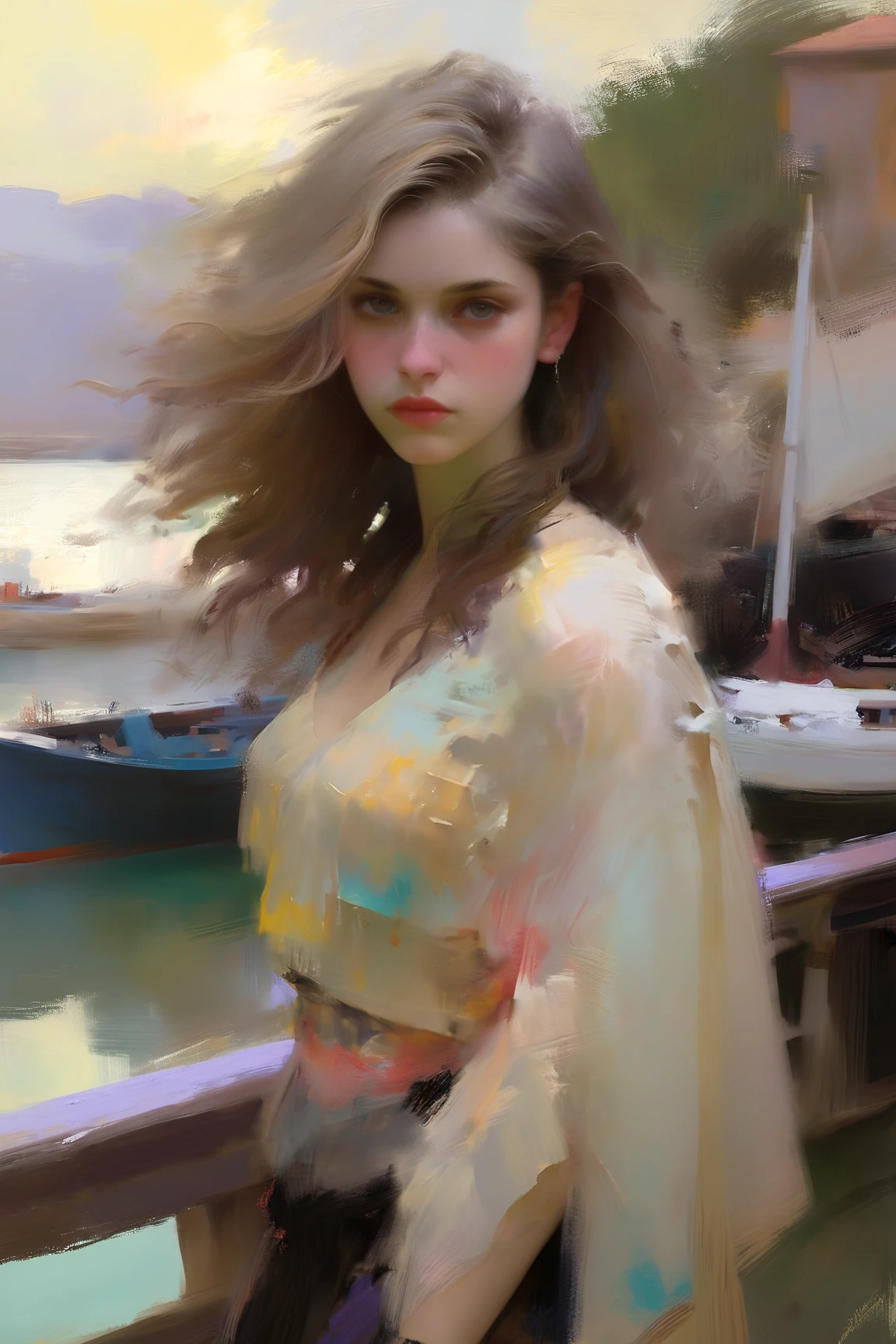 pastel landscape, a harbor , style oФ Casey Baugh, style oФ Pino Daeni, 