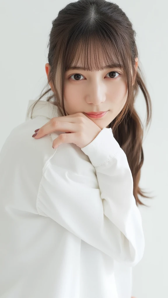   close-up portrait of a cute thing sitting young asian woman standing on a pure white background .   the woman has dark brown hair with bangs  ,   bright eyes and dark brown eyebrows  , and dark brown eyes.  She's Smiling ,   her lips are slightly slack  ,  and she has ringed  ,  pink cheeks.   the woman's hair is pulled back  ,   bangs pulled back from above 、It's flowing down her forehead  .   she's buttoned on her collar 、 wearing a long sleeve white shirt buttoned on her chest .  She's posing for the camera  .   her right arm is facing the side of the frame  ,   x} and one ear on her left wrist are hidden below her waist while open  .  