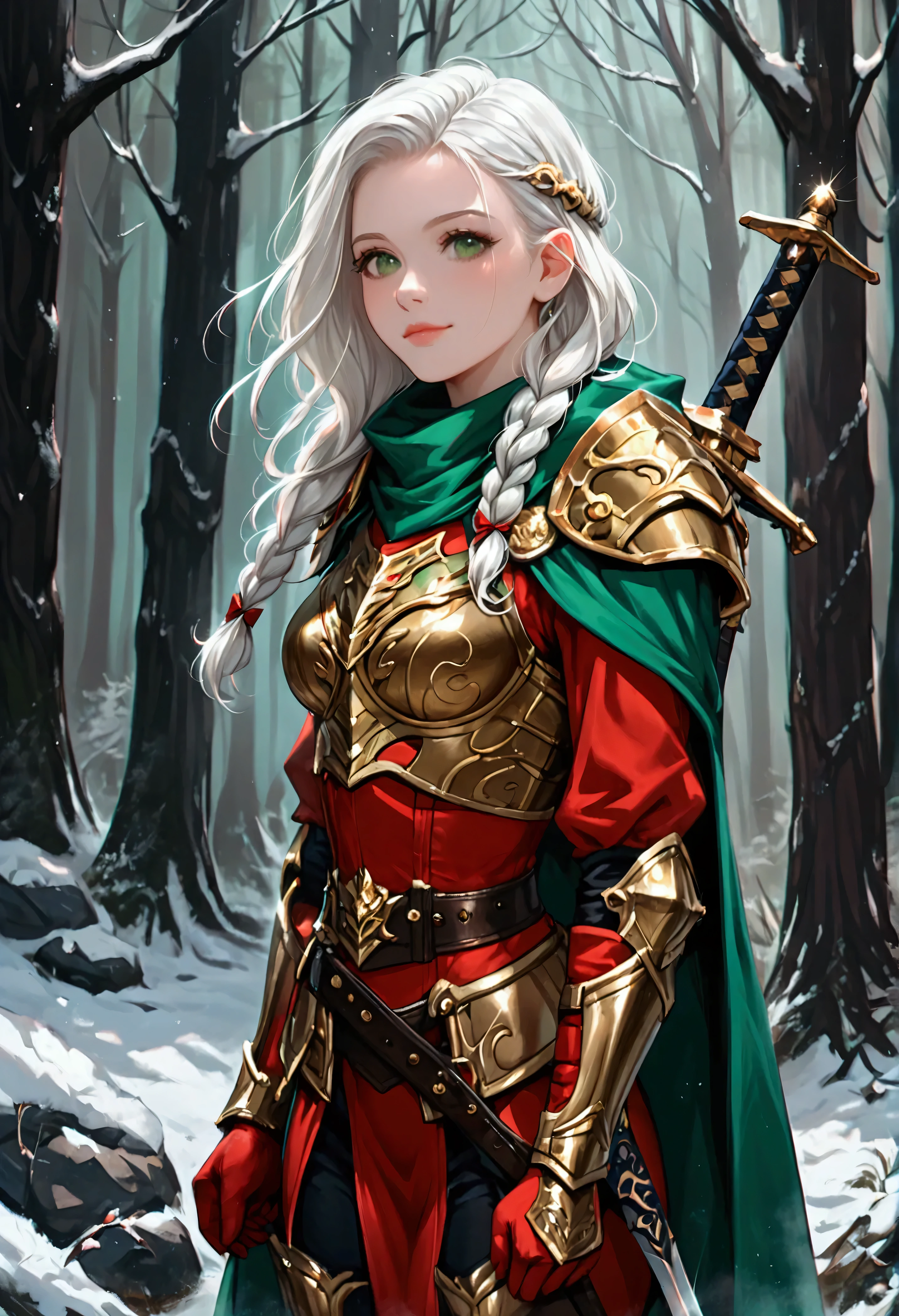 score_9, score_8_up, score_7_up, score_6_up, score_5_up, score_4_up, fantasy art, RPG art, Dark fantasy art, ultra wide shot, RAW, photorealistic, a portrait picture of female human ranger, the ranger, an exquisite beautiful human woman, long white hair, braided hair, green eyes, wearing (red leather armor: 1.2), wearing (green cloak: 1.1), armed with a (sword: 1.3), wearing high heels boots, standing in a dark forest at night, (wrapped presents on the ground: 1.3), a sense of joy, yet she stands defiant and fearless, dark fantasy forest in the snow background, best quality, 16k, [ultra detailed], masterpiece, best quality, (ultra detailed), full body, ultra wide shot, Cinematic Shot