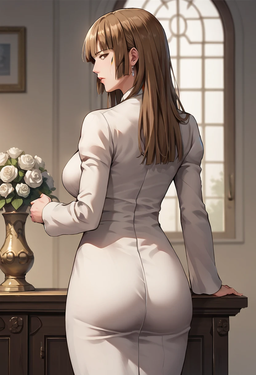  top quality,  Masterpiece , mature woman,RosaUmineko, long hair, brown hair, brown eyes,  standing with different breasts ,hip,from behind