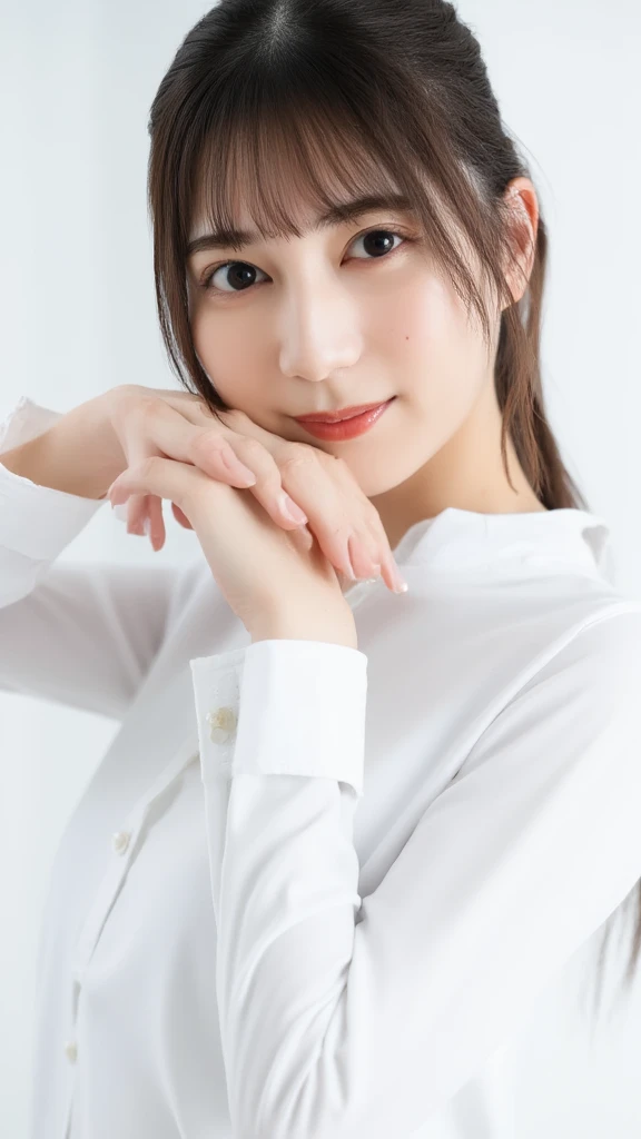   close-up portrait of a cute thing sitting young asian woman standing on a pure white background .   the woman has dark brown hair with bangs  ,   bright eyes and dark brown eyebrows  , and dark brown eyes.  She's Smiling ,   her lips are slightly slack  ,  and she has ringed  ,  pink cheeks.   the woman's hair is pulled back  ,   bangs pulled back from above 、It's flowing down her forehead  .   she's buttoned on her collar 、 wearing a long sleeve white shirt buttoned on her chest .  She's posing for the camera  .   her right arm is facing the side of the frame  ,   x} and one ear on her left wrist are hidden below her waist while open  .  Hands clasped in front.