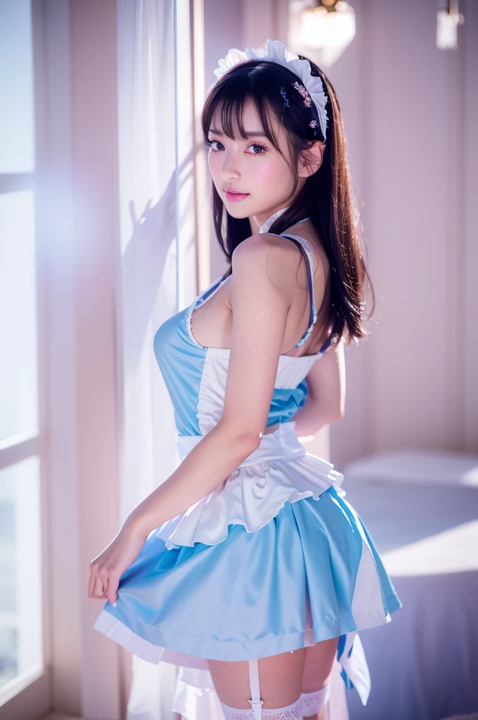 1girl, BREAK (white and black theme:1.4), (fusion of (sleeveless white high neck and collared [crop top]) and (black puff sleeves):1.4), (white tops and black short sleeves:1.2), (wearing a white half apron over a black skirt:1.4), (waist cincher:1.3), (white half apron), ((white maid head-band with ruffles on head, white brim on head):1.3), (white thigh high stockings:1.4), ((white arm warmers, white long glove):1.3), BREAK (light-blue theme:1.2), (light-blue lines on skirt:1.3), (light-blue ribbon bow:1.3),  , appealing cleavage,( beautiful tattoo:1.2), overhead view, beautiful detailed eyes, beautiful detailed lips, extremely detailed eyes and face, long eyelashes, feminine charm, detailed texture, snug fit, fashionable, soft fabric, radiant skin, (best quality,4k,8k,highres,masterpiece:1.2), ultra-detailed, (realistic,photorealistic,photo-realistic:1.37),nanami