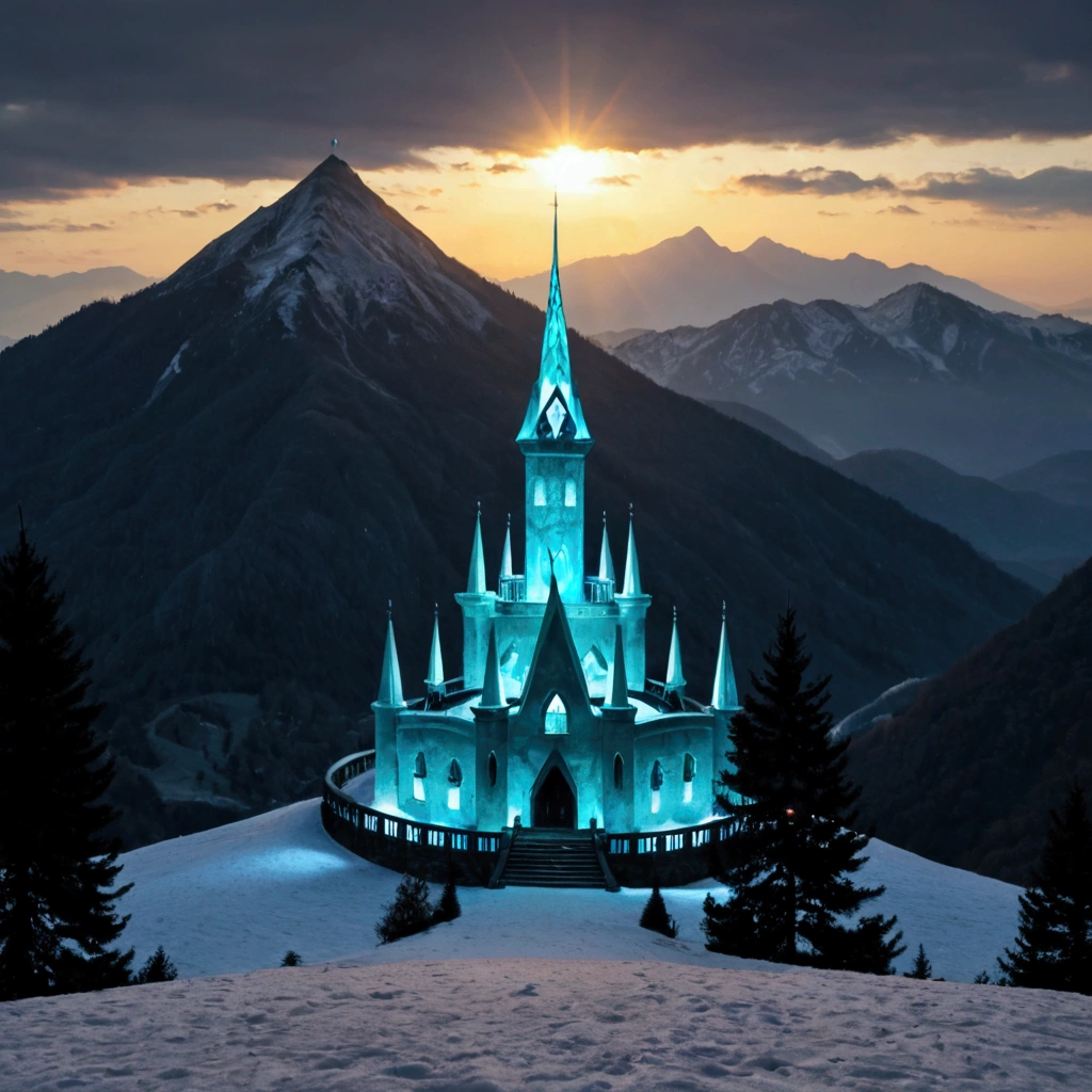 An evil sorcerer's tower (dark and ominous, glassy opaline stone) on a mountain top, has decided to improve his image, and decorated his tower for Christmas, moonlit mountain top
