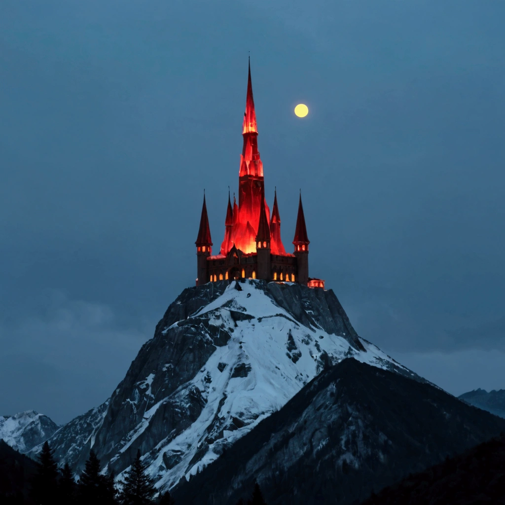 An evil sorcerer's tower (dark and ominous, glassy opaline stone) on a mountain top, has decided to improve his image, and decorated his tower for Christmas, moonlit mountain top
