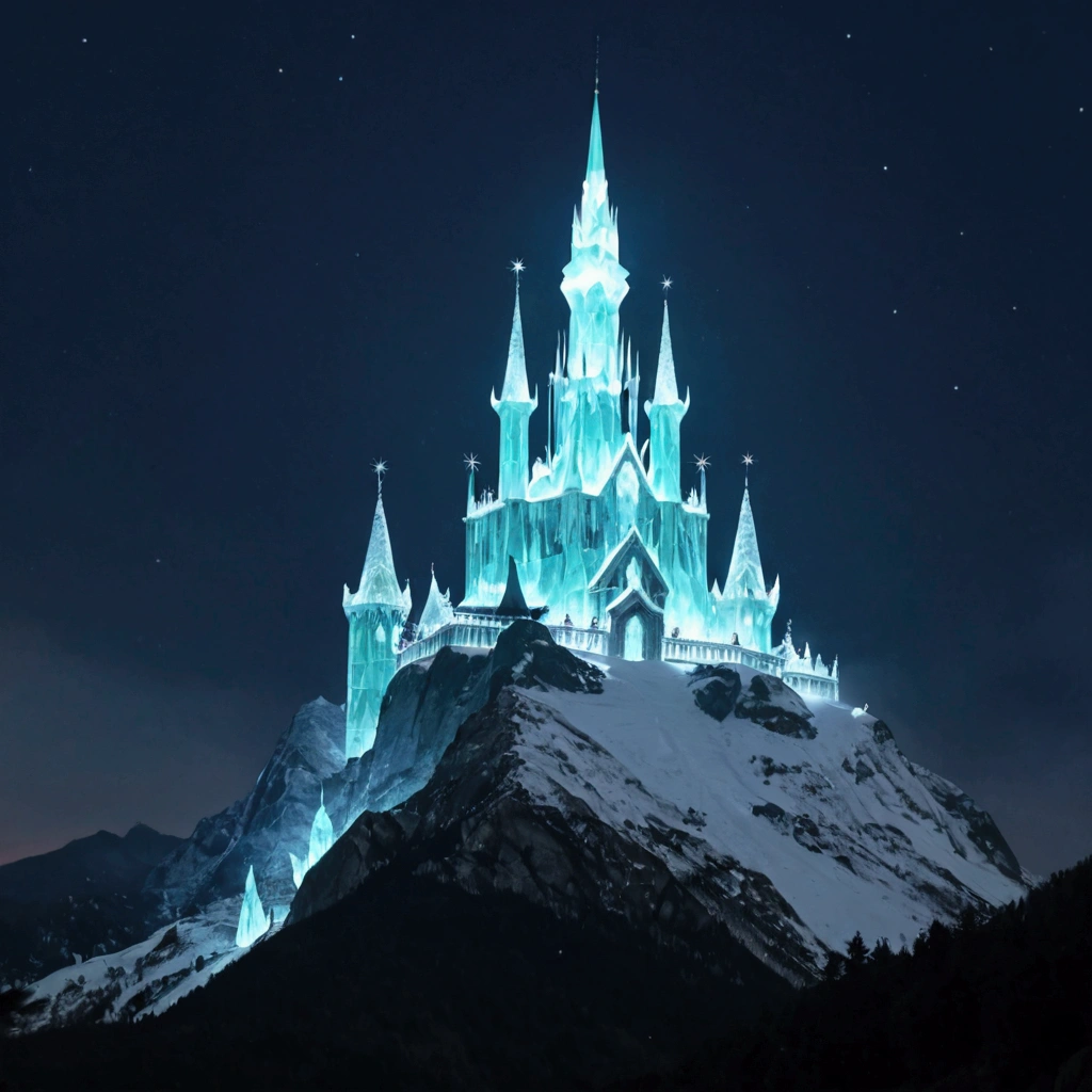 An evil sorcerer's tower (dark and ominous, glassy opaline stone) on a mountain top, has decided to improve his image, and decorated his tower for Christmas, moonlit mountain top
