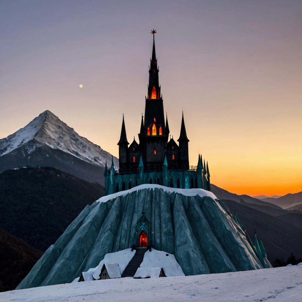 An evil sorcerer's tower (dark and ominous, glassy opaline stone) on a mountain top, has decided to improve his image, and decorated his tower for Christmas, moonlit mountain top
