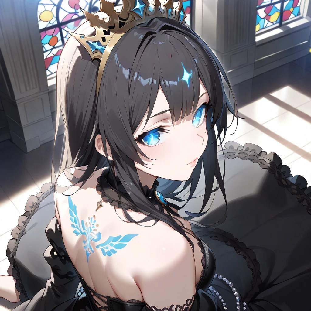 long hair, black hair, blue eyes, crown, 
gothic, 
bare shoulders, looking back, wariza, close-up, cinematic lighting, gothic church, 
back tattoo, glowing tattoo, glowing, 
(masterpiece:1.2), (best quality:1.2), (very aesthetic:1.2), (absurdres:1.2), (detailed background), (extremely detailed), newest,
official art,