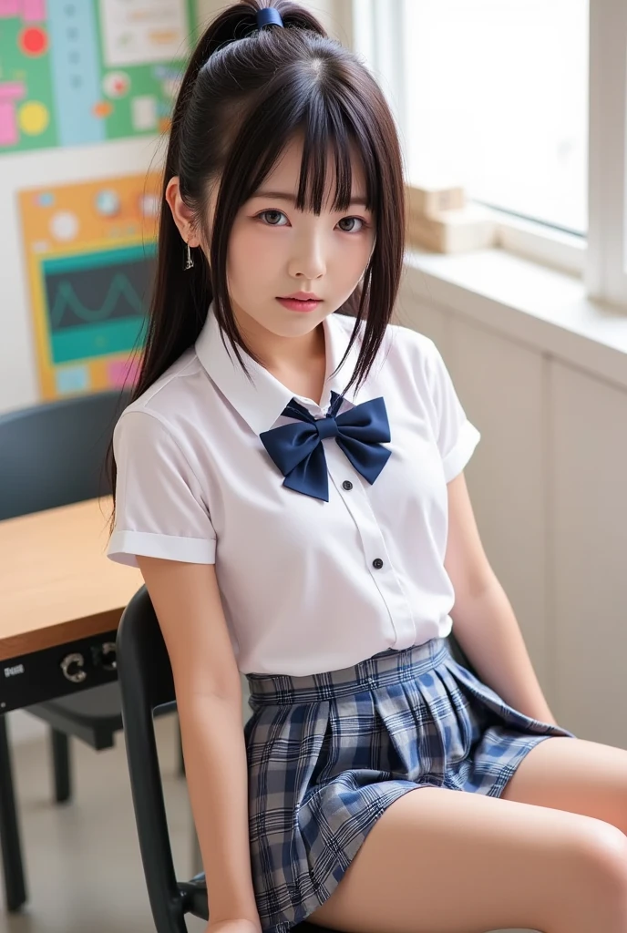 I can see a girl １There are people、( I'm a Japanese elementary school girl )、 she has a very cute face 、  very detailed skin ,  top quality ,  very detailed face  ,  bright color, ((Curvy Body)),  the girl has a baby face and a young face 、 innocent face、 has black hair and a ponytail 、(((Age 10)))、(((Age 10)))、  wearing a checkered skirt ,((( is naked))), ((( is naked))),(((I have flat chest )))、(( small boobs in the classroom ))、sits on a chair、  has beautiful thighs 、On campus、((  the girl is shy )), ( please give me a close-up of her pussy )、  wet pussy 、(((Legs open to the side:1.75)))、((( legs open:1.3)))、 (( wearing navy blue high socks))、 sitting with buttocks on the floor 、正面を向いている全裸の美しいアジアの女の子がベッドで legs open