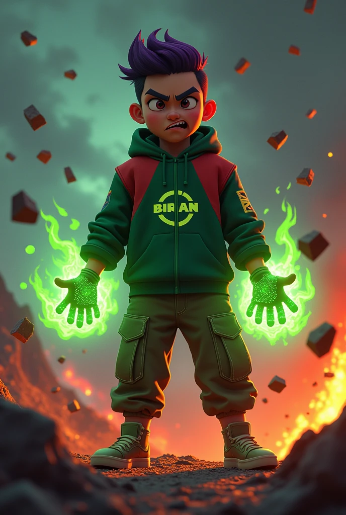 a man real teenage age . 19 Malaysia Indonesia.(orange eyes) Glowing green eyes . Anger face. Open mouth. . wearing an (Green white black )zippedshirt, (green black white) cap with small logo (leaf) logo. anger face . Dramatic.r(Green white blackpant,, detailed face, cinematic lighting, dramatic atmosphere,.hot day. vibrant colors, 8k, high quality, photorealistic. Hero suit. Came out torn leave from his hand. Glowing torn leave plant element from hand. Torn plant leave everywhere . Glowing hand magic light green , leave logo logo design . Very strong. Future design dress. Very epic Rainy day background.. dark sky. Very strong. very strong . frosting leaf everywhere..green magical glow power from hand . At city. Damage building. Floating torn leave everywhere. Big Thorn plant everywhere.