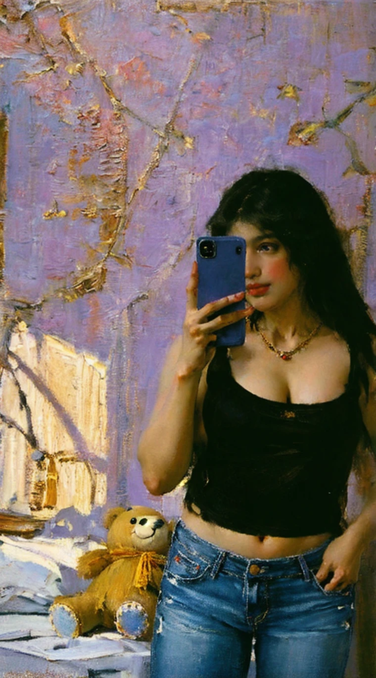 Painting of ancient deatiled realistic clothed greek woman with single smartphone iphone mirror selfie AH_Tadema