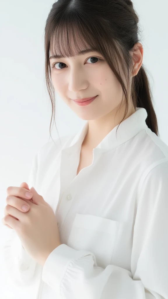   close-up portrait of a cute thing sitting young asian woman standing on a pure white background .   the woman has dark brown hair with bangs  ,   bright eyes and dark brown eyebrows  , and dark brown eyes.  She's Smiling ,   her lips are slightly slack  ,  and she has ringed  ,  pink cheeks.   the woman's hair is pulled back  ,   bangs pulled back from above 、It's flowing down her forehead  .   she's buttoned on her collar 、 wearing a long sleeve white shirt buttoned on her chest .  She's posing for the camera  .   her right arm is facing the side of the frame  ,   x} and one ear on her left wrist are hidden below her waist while open  .  Hands clasped in front.