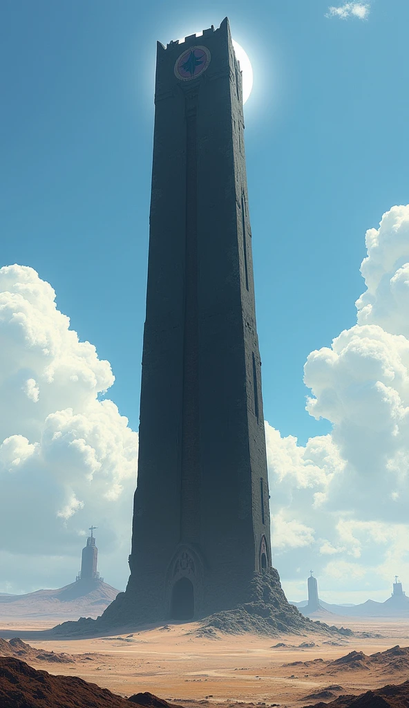 a dark tower standing alone in a flat wasteland, visible from a great distance, narrow and very high, the blackness of the stone contrasts with the bright sun, fantasy,