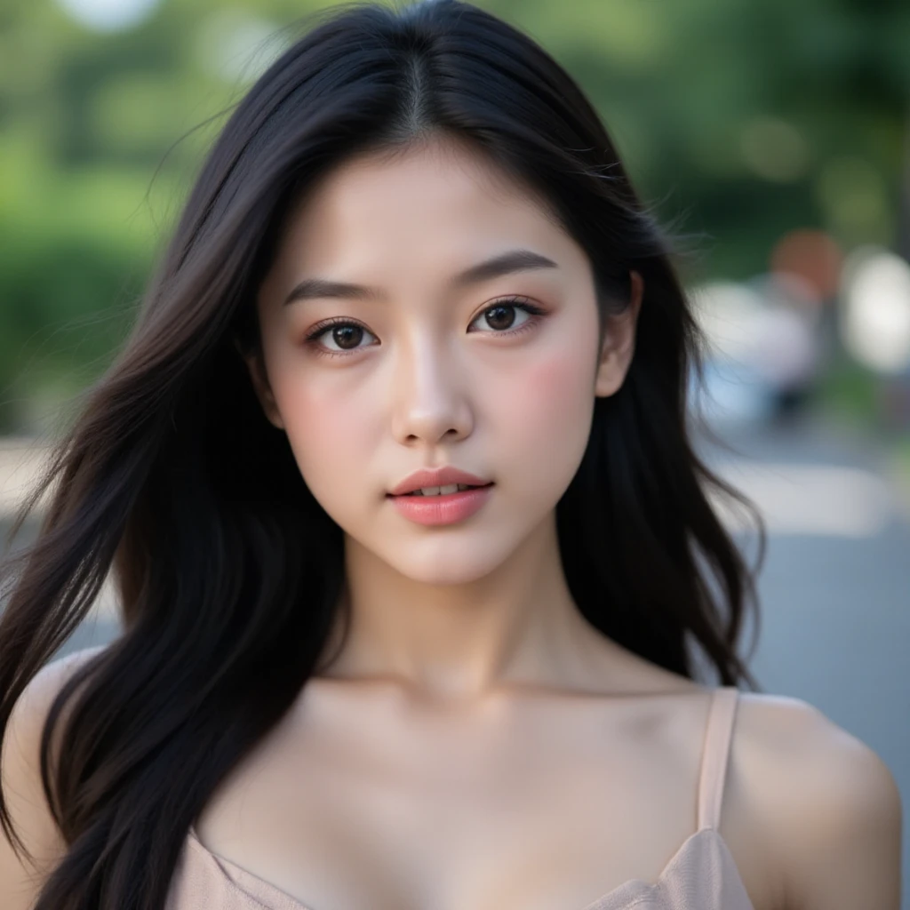 ((Highest quality, 8k, masterpiece:1.3))，One girl，18-year-old，Asian，Realistic texture:1.3，(Background Blur:1.1)，Dress up，tall and slender figure:1.2，(Hot summer weather)，（street:1.3），Highly detailed face and skin texture，Beautiful Eyes，Long eyelashes，double eyelid，Skin whitening，Happy，Various postures，Big Breasts