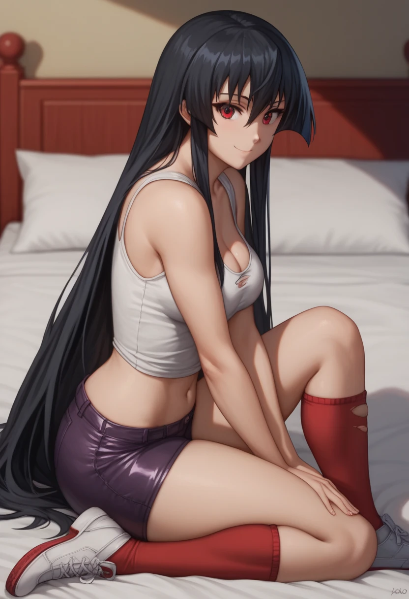 1girl, solo,akame, long hair, black hair, red eyes, hair between eyes,medium breasts,  Thick thighs, Large buttocks, cleavage, White tank top, bare navel, short blue-purple leather shorts, short hem, torn hem, Red socks with short hems, short socks, white shoes,s1z3d1ff_t4lk,siting,on bed,crossed legs, arched back, hands on knees, cleavage, breasts squished between arms,from side, in a bedroom, detailed background, refreshing smile,looking at me