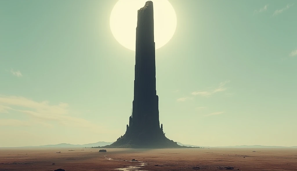 a dark tower standing alone in a flat wasteland, visible from a great distance, narrow and very high, the blackness of the stone contrasts with the bright sun, fantasy,