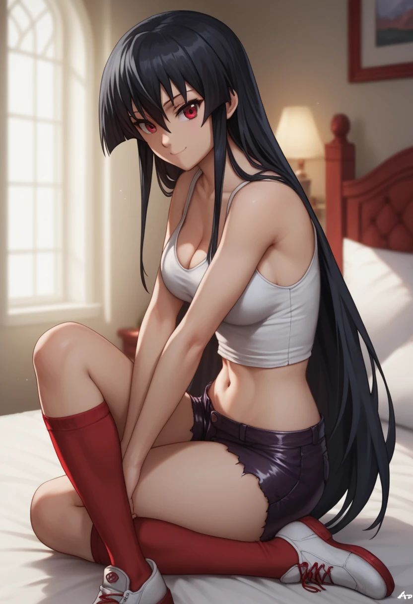 1girl, solo,akame, long hair, black hair, red eyes, hair between eyes,medium breasts,  Thick thighs, Large buttocks, cleavage, White tank top, bare navel, short blue-purple leather shorts, short hem, torn hem, Red socks with short hems, short socks, white shoes,s1z3d1ff_t4lk,siting,on bed,crossed legs, arched back, hands on knees, cleavage, breasts squished between arms,from side, in a bedroom, detailed background, refreshing smile,looking at me